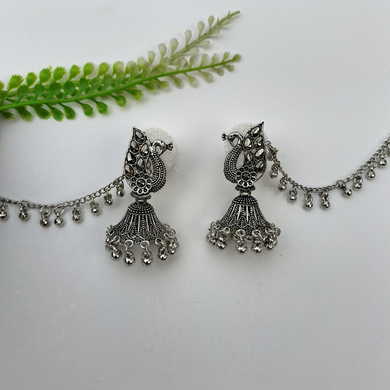 Antique Silver Oxidized Peacock Jhumki Earrings