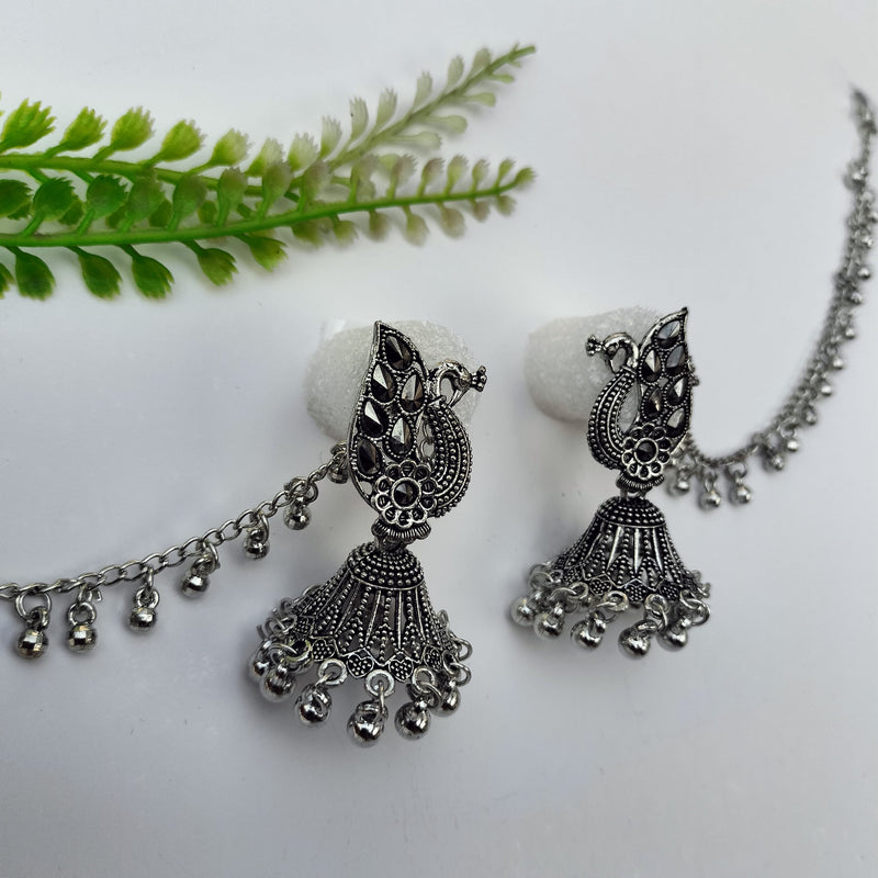 Antique Silver Oxidized Peacock Jhumki Earrings