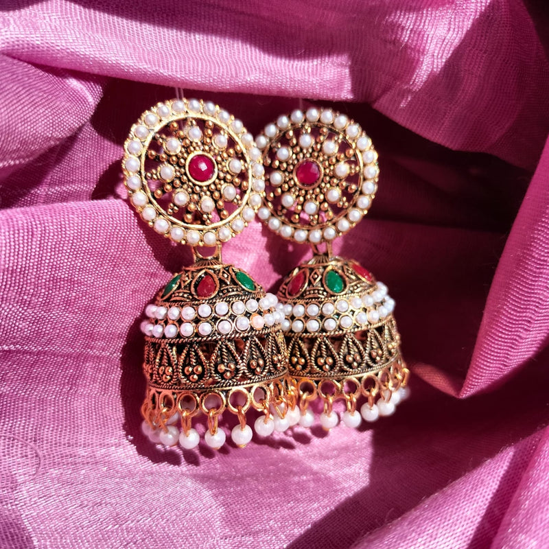 Antique Traditional Ethnic Pearl & Stone Studded Oxidized Jhumki