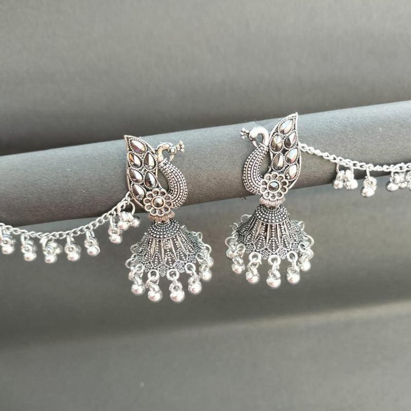 Antique Silver Oxidized Peacock Jhumki Earrings