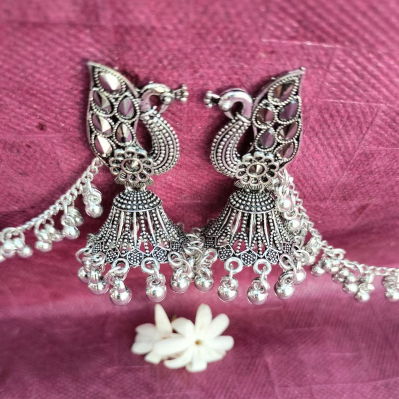 Antique Silver Oxidized Peacock Jhumki Earrings