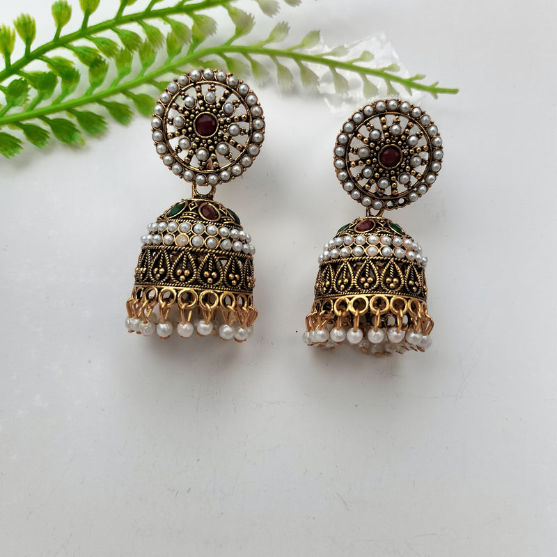 Antique Traditional Ethnic Pearl & Stone Studded Oxidized Jhumki