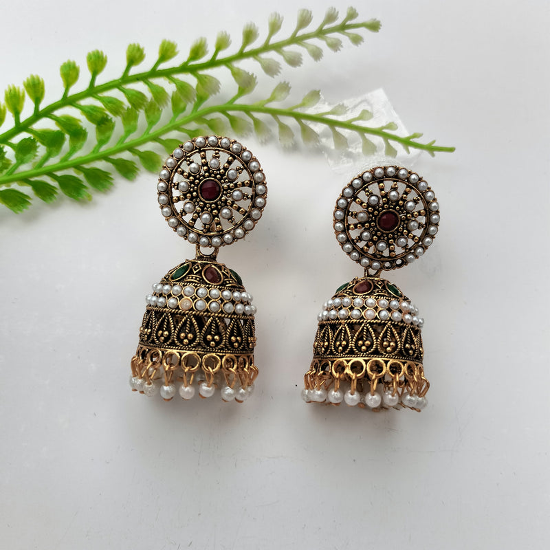 Antique Traditional Ethnic Pearl & Stone Studded Oxidized Jhumki