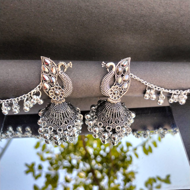 Antique Silver Oxidized Peacock Jhumki Earrings